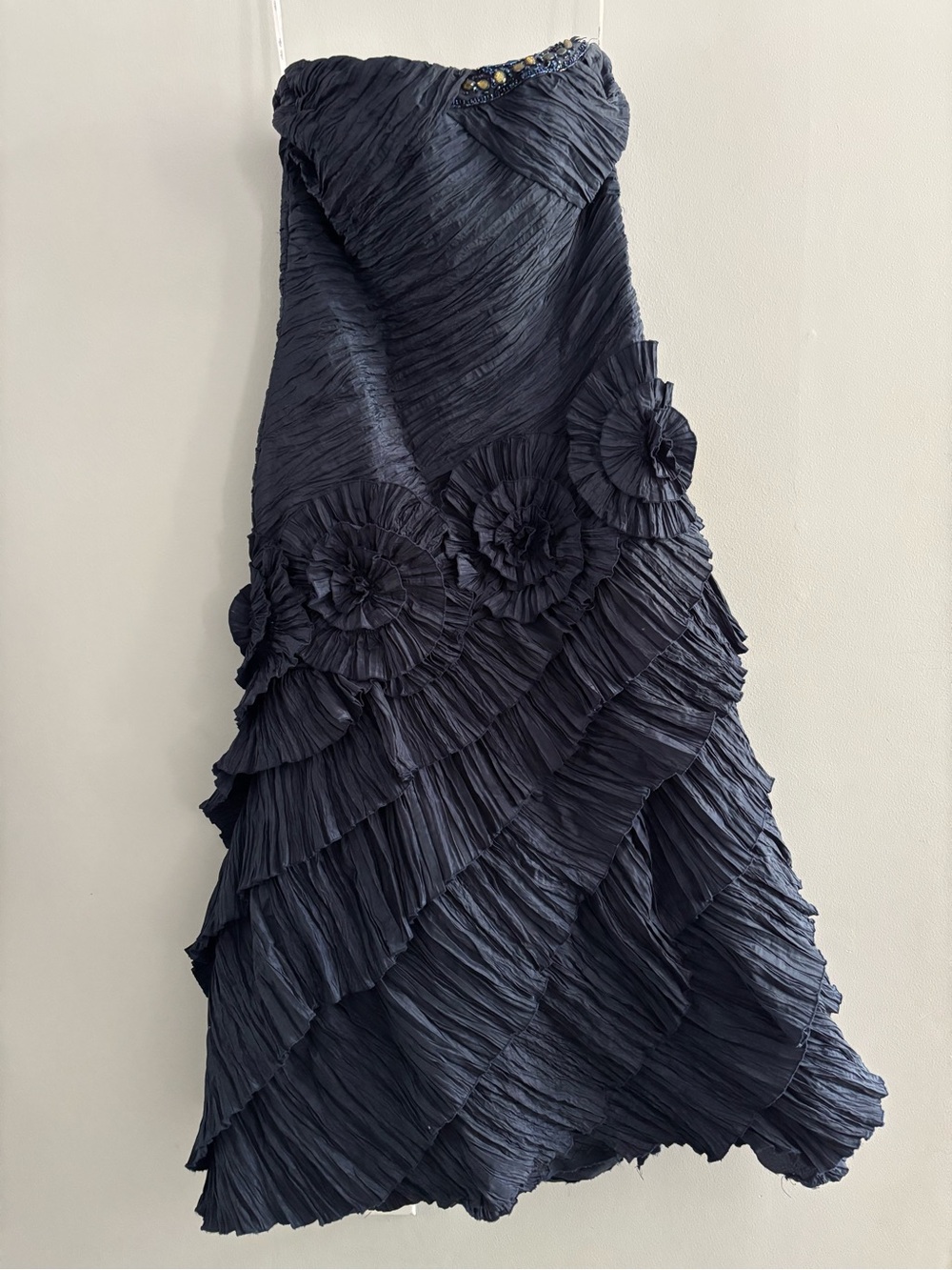 Atelier Alyce Strapless Navy Pleated Floral Appliqué Evening Dress Size 14 Flora